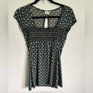 Vintage Y2K Suzy Shier Babydoll Squareneck Short Sleeve Top Brown Blue Small